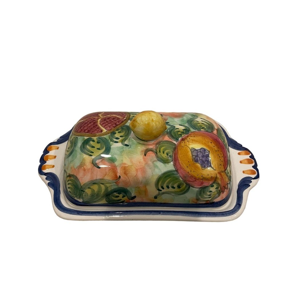 Handmade Handpainted Colorful Fruit Motif Large Butter Dish Lid Signed Greece